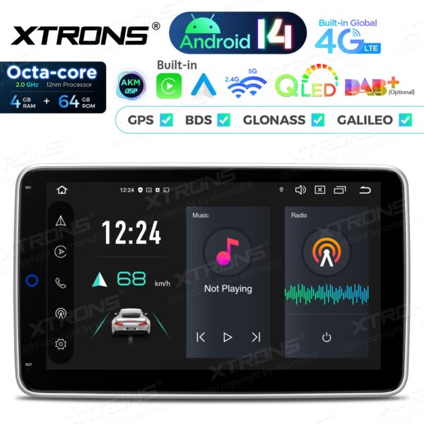 Xtrons 1-din yleismalli Android 14 soitin, pystyyn käännettävällä 10,1" näytöllä